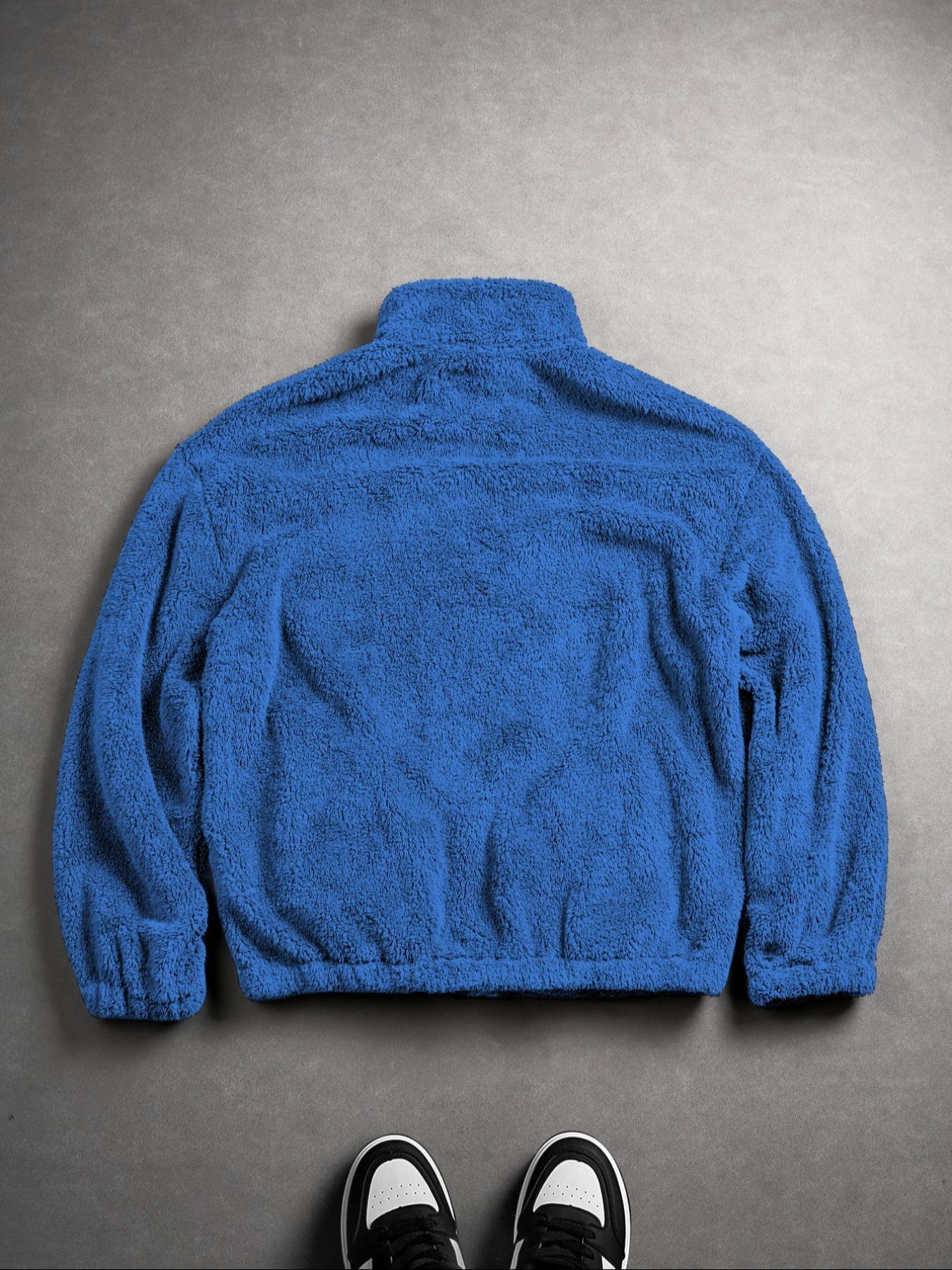 Men's Blue Fleece Jacket, TikTok Viral Street Style Oversized Warm Fleece Coat, Fashionable Casual Outerwear for Daily Wear & Ideal Christmas Gift