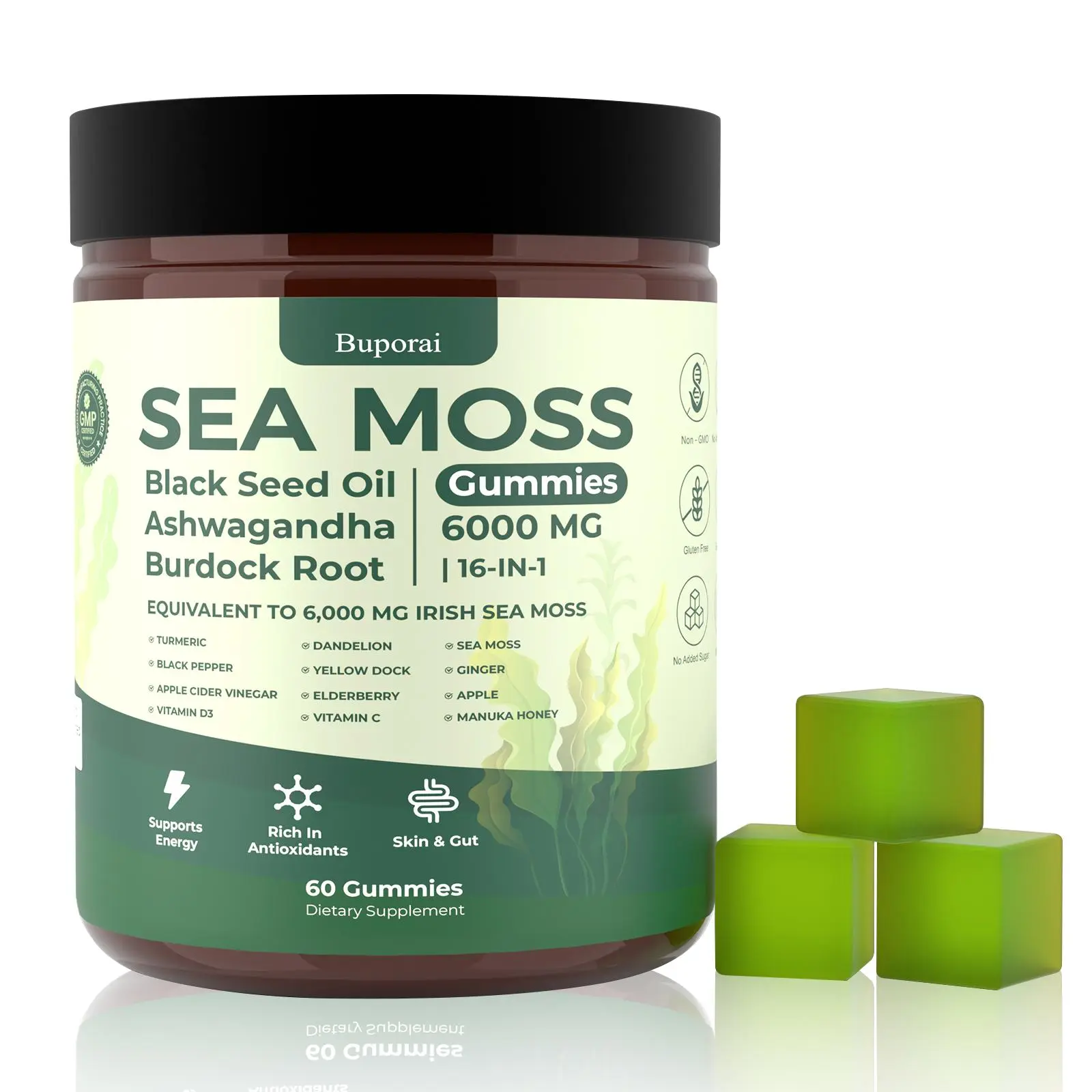 Buporai 6000mg Irish seaweed gummies, available in packs of 60 and 120, contain Vitamin C, Vitamin D3, elderberry, and apple cider vinegar to help boost immunity.