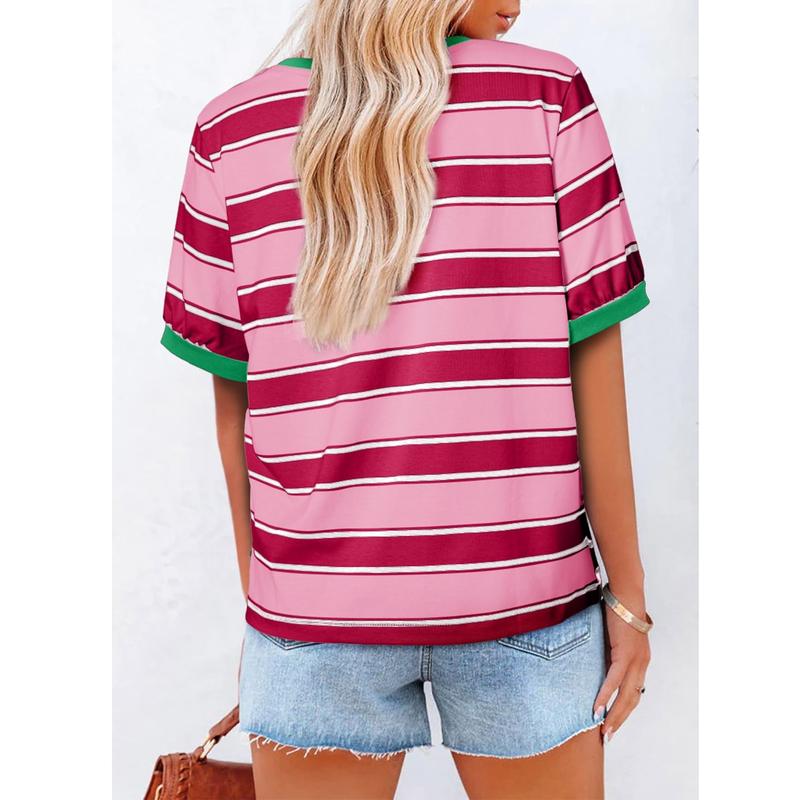 Women's Casual Striped Color Block T-Shirt - Round Neck Loose Fit Rainbow Patchwork Top Spring New Fashion Summer Pink