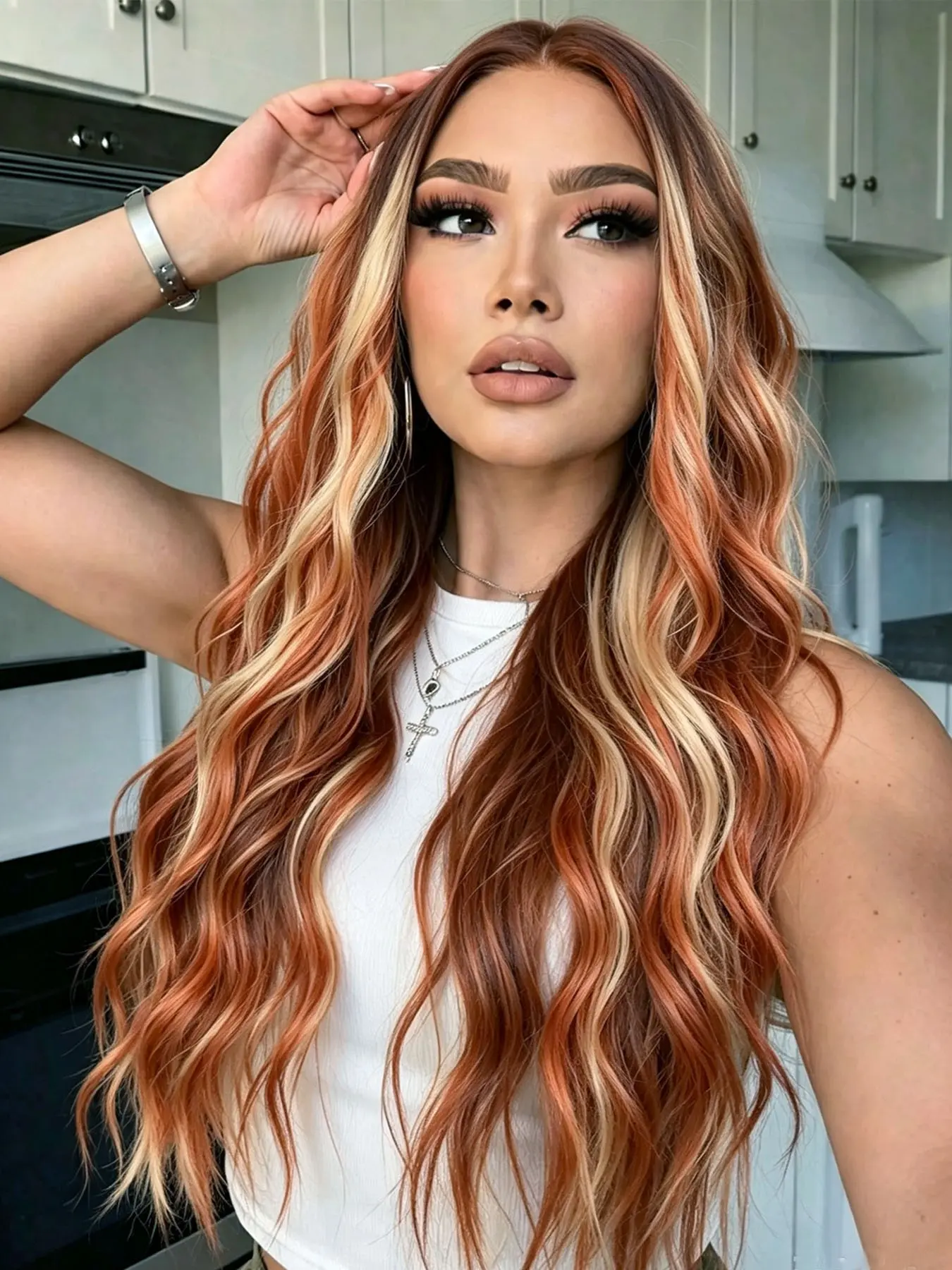 Rusty Orange Blonde Highlight Long Curly Synthetic Lace Front  Wig, 13x5 Big Lace Area Heat Resistant Fiber Wig for Women Party Cosplay Daily Wear