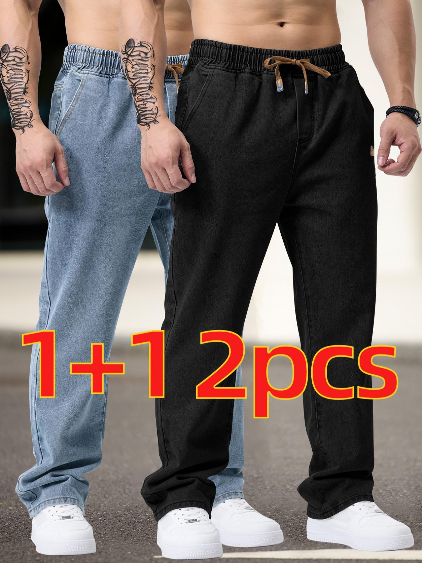 Men's Drawstring Elastic Waist Washed Straight Leg Jeans, & Blue, 2 Piece Set, Casual Daily Wear, All Seasons