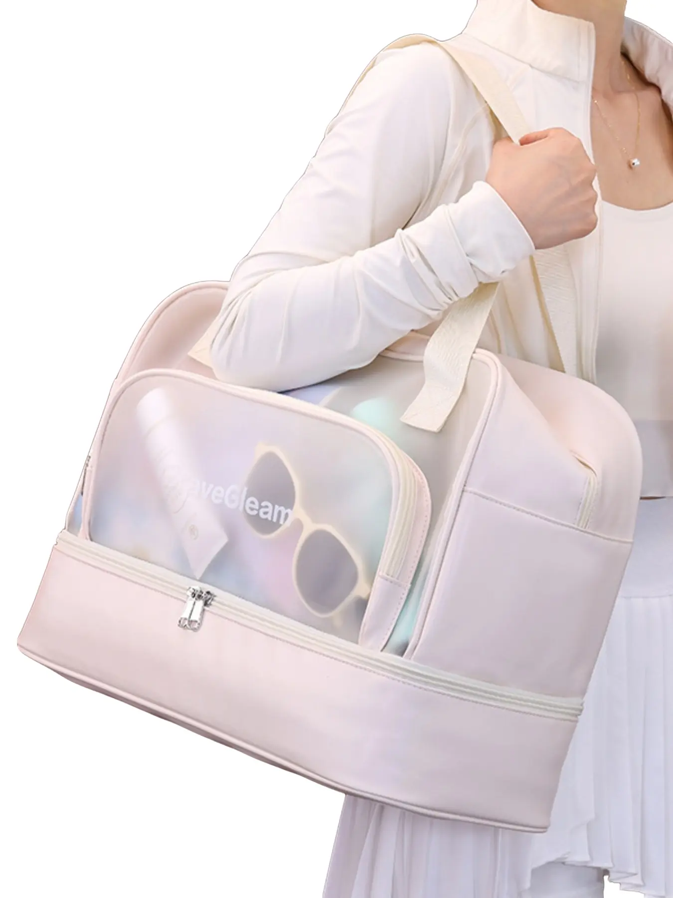 Double Layer Swim Bag for Women, Large Capacity Dry Wet Separation, Shoe Compartment, Travel Makeup Bag, Gym Shower Backpack, Pool Bag