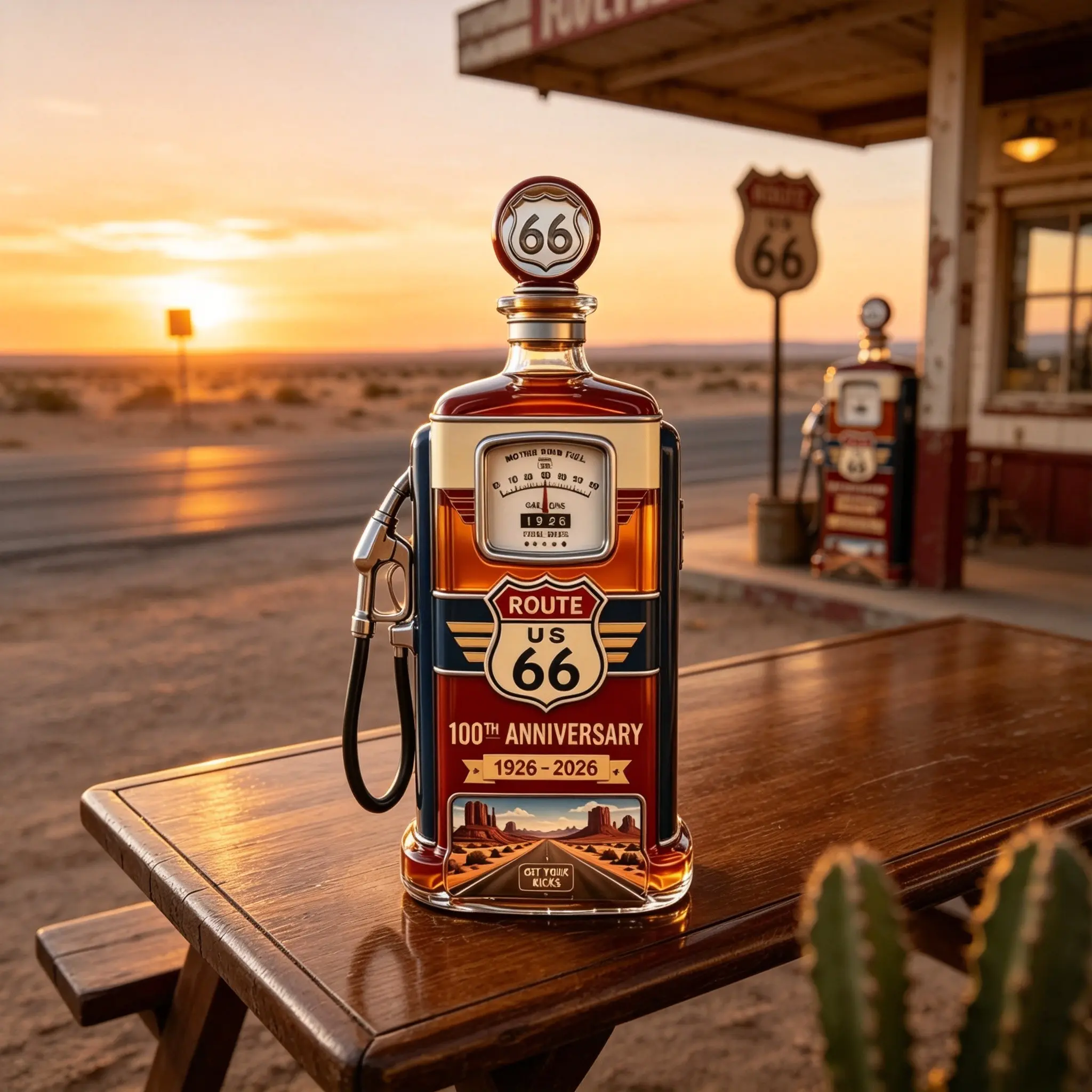 Vintage Route 66 Gas Pump-Shaped Glass Liquor Flask, Retro Home Bar Display Ornament, Unique Whiskey Storage Bottle, Collectible Gift