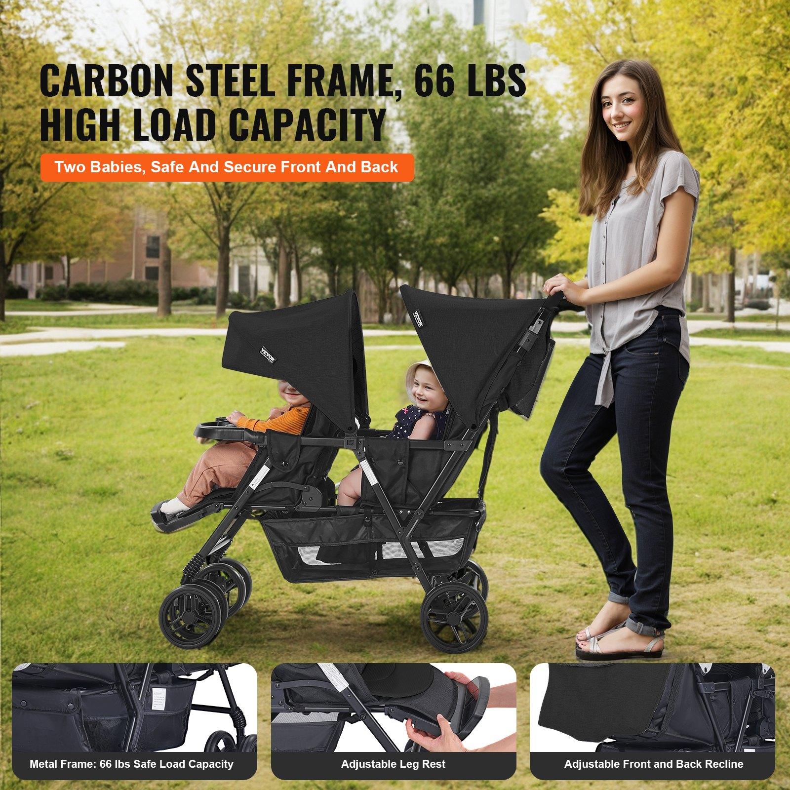 VEVOR Lightweight Foldable Tandem Double Stroller with Tandem Seating, Adjustable Backrest, Adjustable Footrest, Wrap Harness, Storage Tray, Storage Basket, Push Handle, for Newborns (Newborn Baby Stuff), Outdoor Walks (Black)