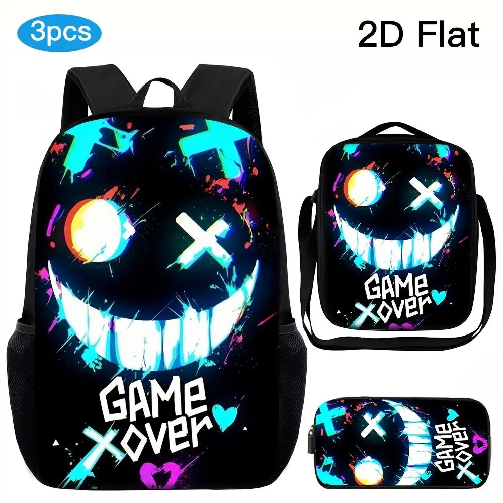 3pcs Unisex Large Capacity Backpack Set, Trendy Cyberpunk Glitch Style 2D Print Pattern, Adjustable Shoulder Straps, Zipper Closure, Set Includes Backpack, Body Bag And Pencil Case, Back-To-School, School, Camping, Travel, Outdoor Play Essentials