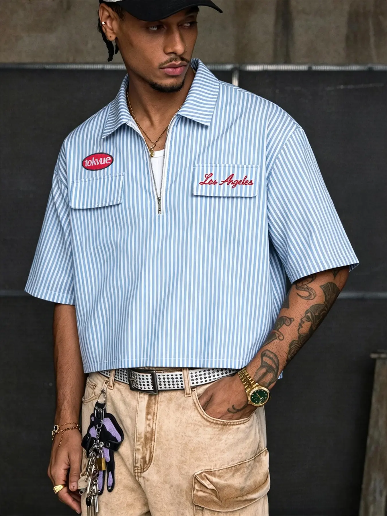 Men's and women's styles: urban streetwear blue striped half-zip oversize, Oversized short polo shirt, Los Angeles letter embroidery pocket, Summer polo shirts, suitable for casual outings, travel
