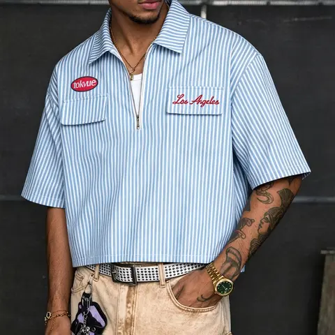 Unisex Urban Streetwear Blue Striped Half-Zip Oversized Loose Polo Shirt, Short-Sleeve Collared Top with Los Angeles Embroidery and Chest Pocket, Summer Shirt for Casual Outings and Travel