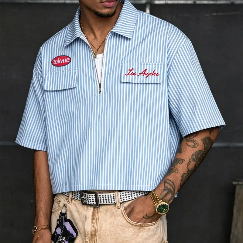 Unisex Urban Streetwear Blue Striped Half-Zip Oversized Loose Polo Shirt, Short-Sleeve Collared Top with Los Angeles Embroidery and Chest Pocket, Summer Shirt for Casual Outings and Travel