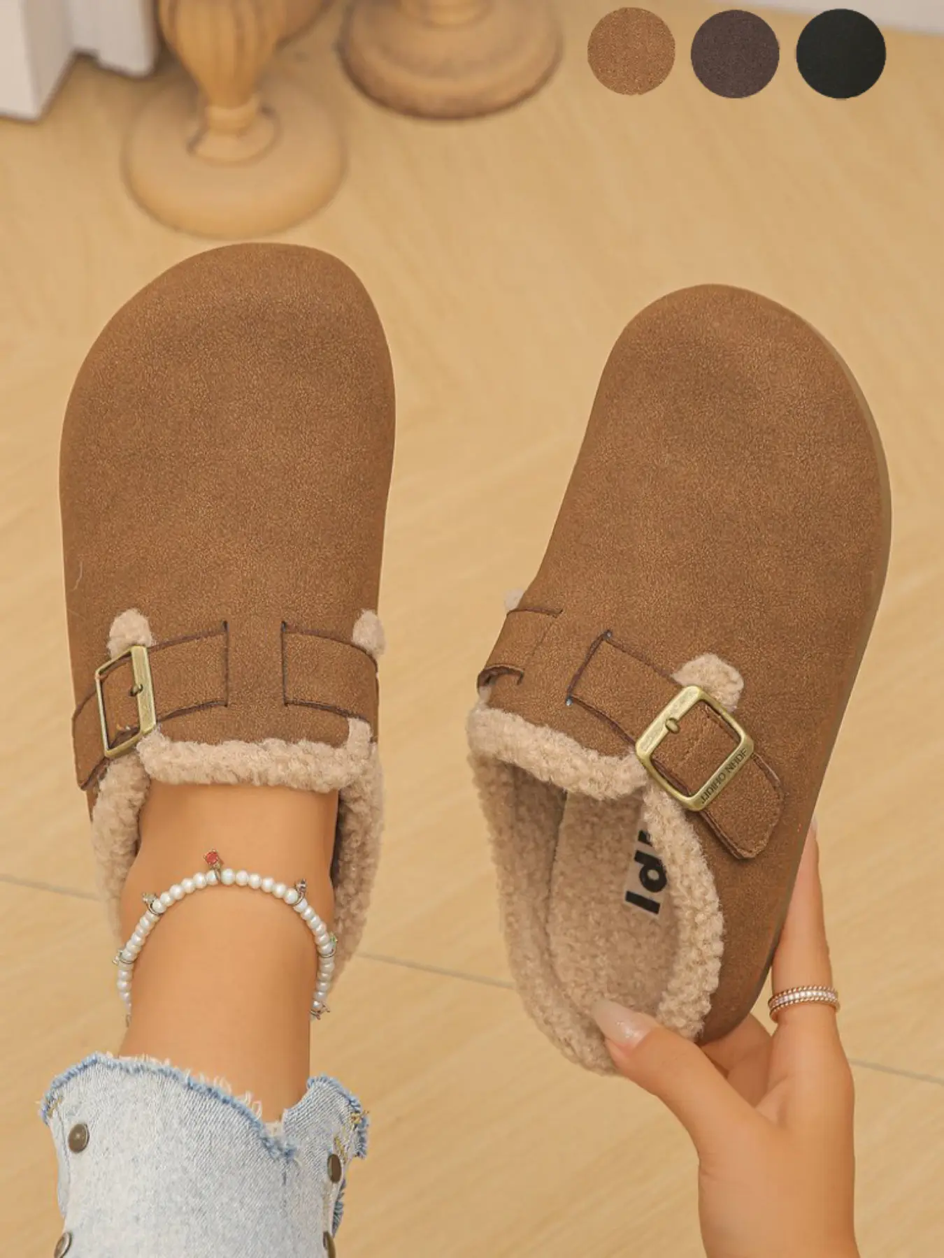 Women's Winter Faux‑Suede Closed‑Toe Mule Clogs, Metal Buckle, Sherpa Trim With Thick Fleece Lining, Backless Slip‑On Flat Shoes, Rubber Non‑Slip Sole, Comfort Warm Casual Shoes for Home, Indoor & Outdoor Daily Commute