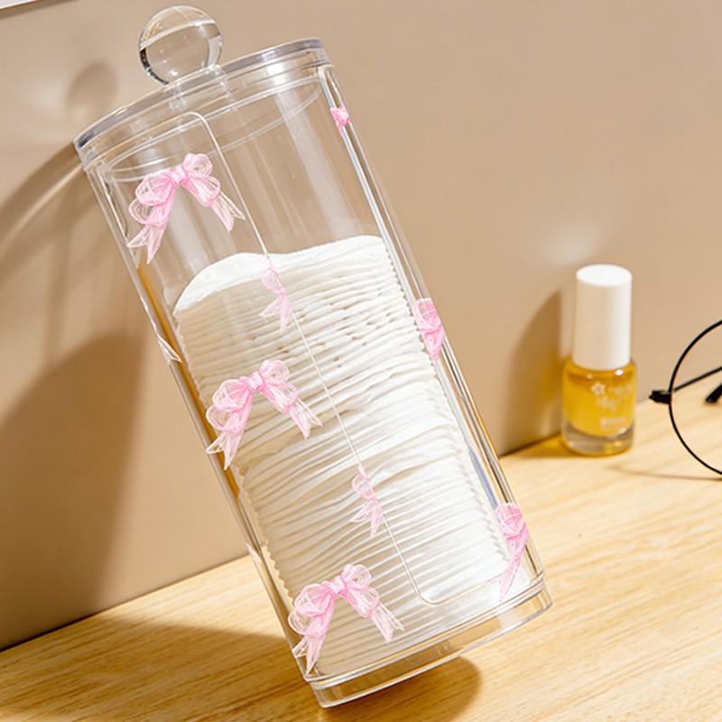 Bow Pattern Transparent Cotton Pad Box, Cylindrical Large Capacity Storage, Washable & Easy to Clean, Ideal for Beauty Tools, Plastic Canister Jar