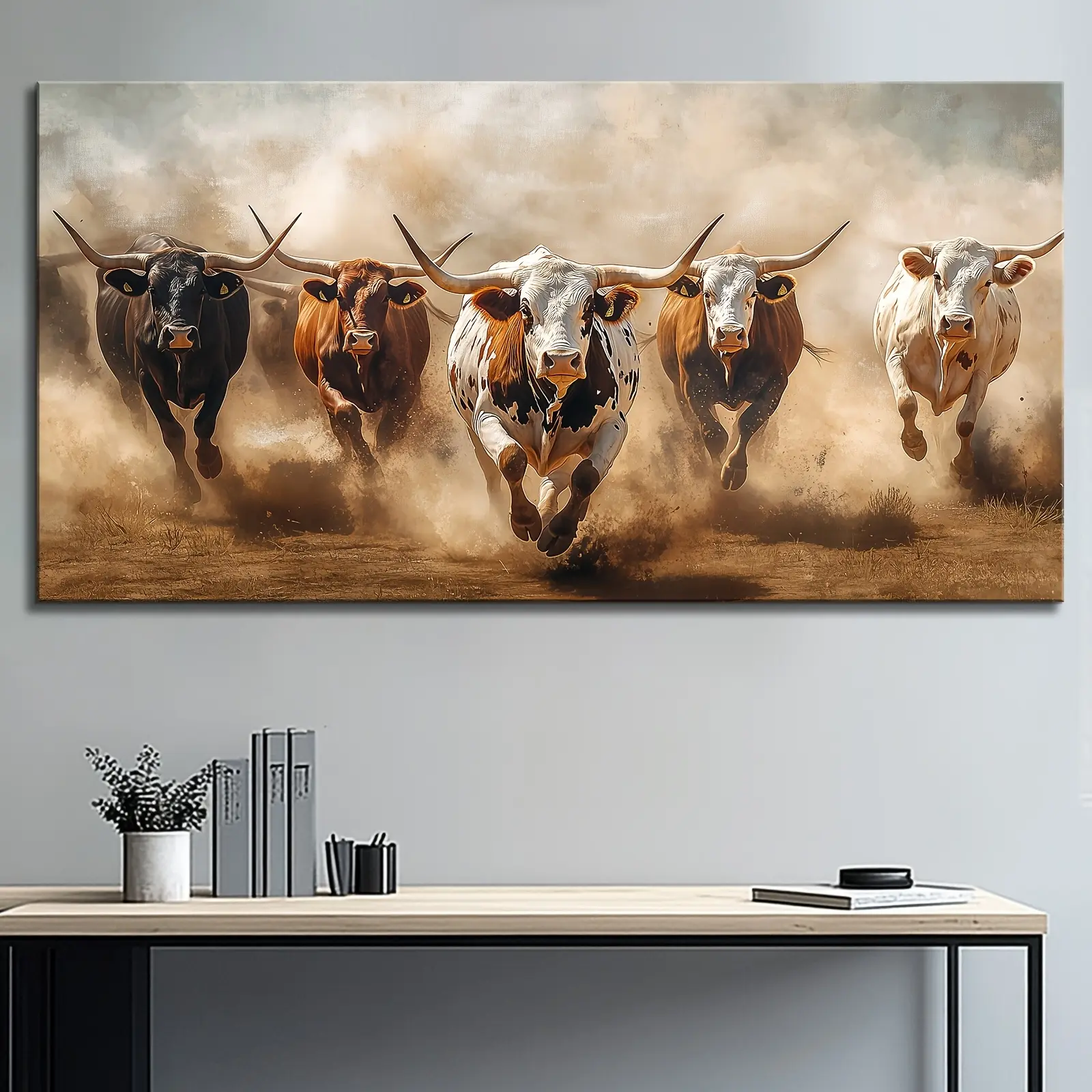 1 Piece Of Large Scottish Highland Cow Wall Decoration - Wooden Frame Running Long Horned Cow Painting, Horizontal Thick Edge Wrapped Canvas, Scottish Cow Decoration Suitable For Living Room, Bedroom, Office - Hanging Rural Farmhouse Style Gift