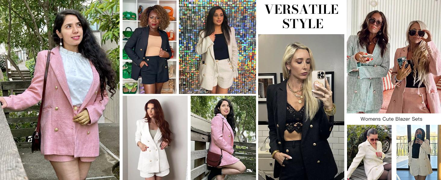 FMEYOA Womens 2 Piece Tweed Blazer Shorts Sets Long Sleeve Double Breasted Suit Jackets Business Outfit Fabric Formal M1H684