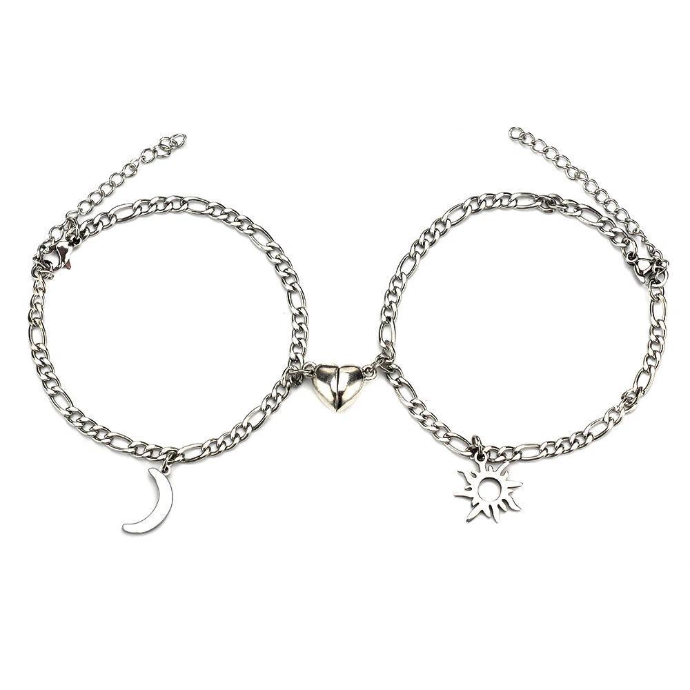 Unisex Charm Bracelets - 2Pcs Stainless Steel Sun Moon Charm Magnetic Link Jewelry, Valentine's Day Gifts, Everyday Use, Wholesale Fashion Accessories for Couples, Unisex Wear