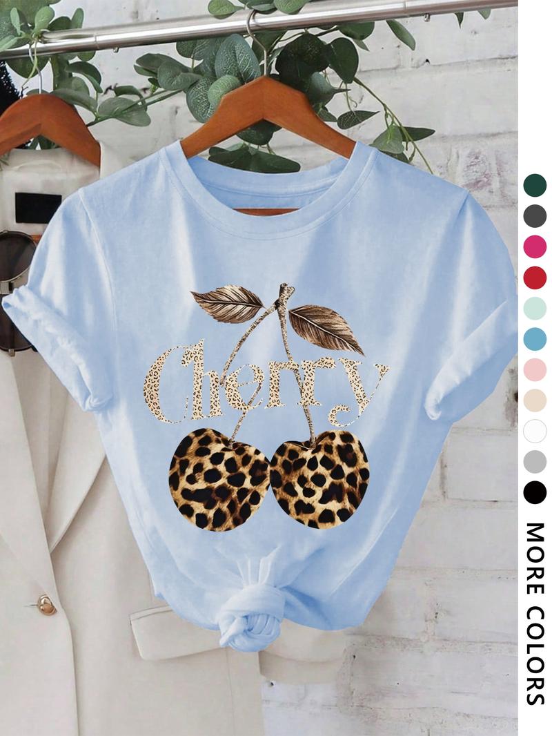 Women's Cherry & Leopard Print Round Neck Graphic Tee, Vintage Trendy Casual Short Sleeve T-shirt for Daily Wear, Ladies All Seasons Outfit, Top