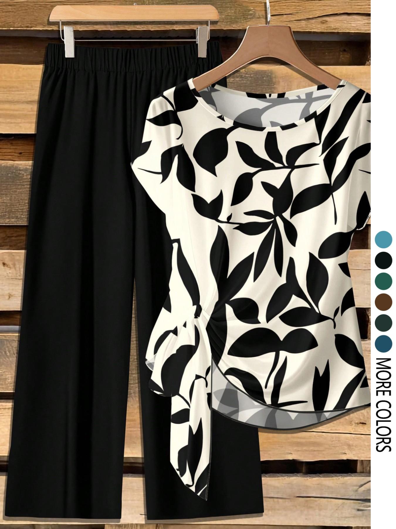 Women's Casual Printed Necktie Shirt and Loose Straight Pants Set, Womenswear, Perfect for Spring and Summer, Comfortable Two-Piece Women's Casual Printed Necktie Shirt and Loose Straight Pants Set, Womenswear, Perfect for Spring and Summer, Comfortable Two-Piece