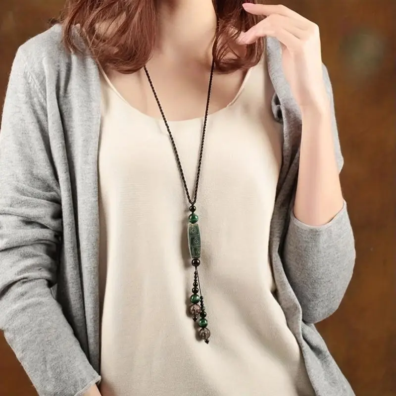 Retro Chinese-Style Necklace Featuring Nine-Eyed Dzi Beads And an Agate Bodhi Pendant, Perfect for Birthday Or Mother'S Day Gifts