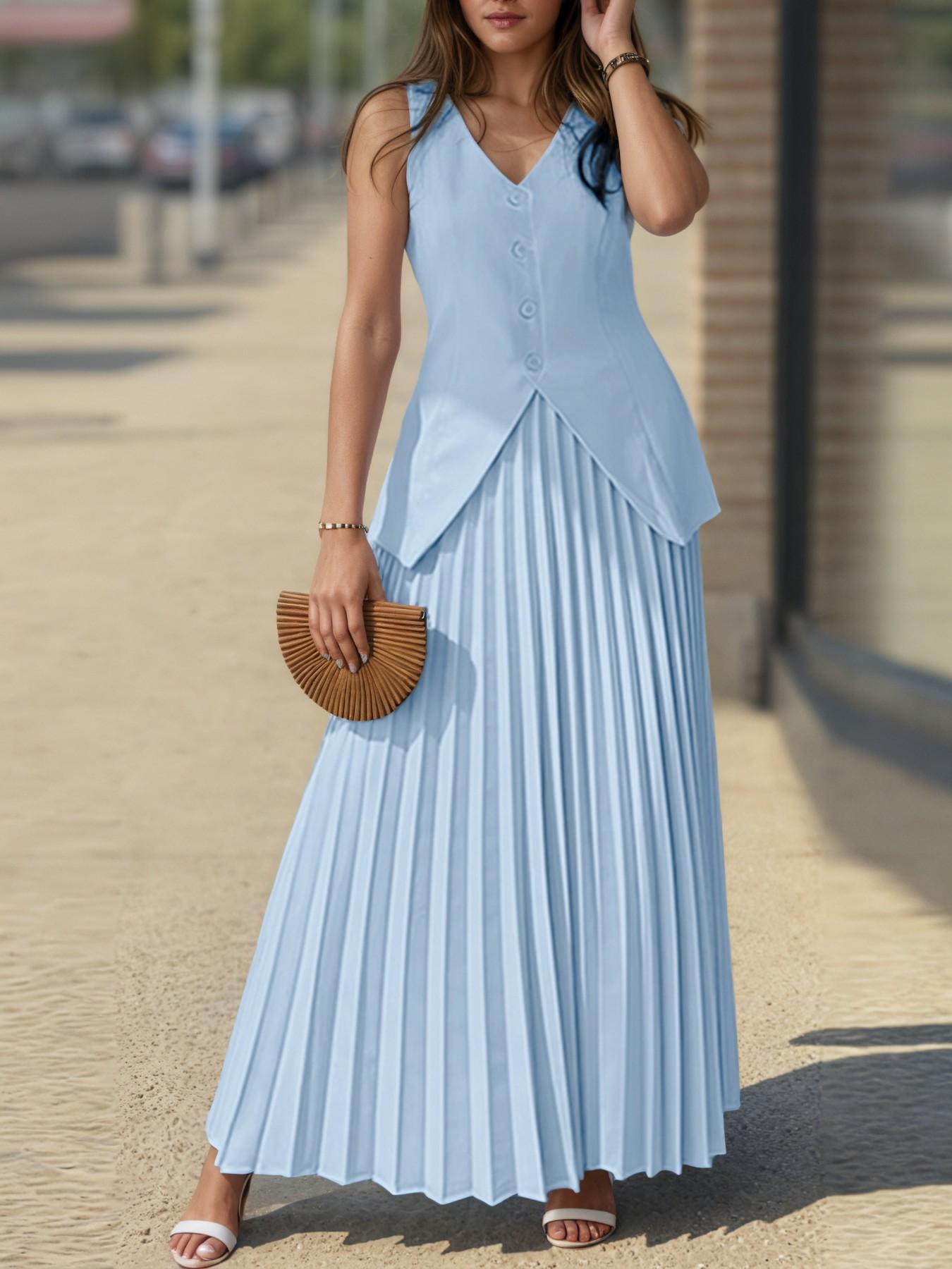 Two-piece Set Women's Solid V Neck Vest Top & Pleat Skirt, Casual Fashion Cozy Set for Daily Outdoor Wear, Ladies Clothes for All Seasons, Suits