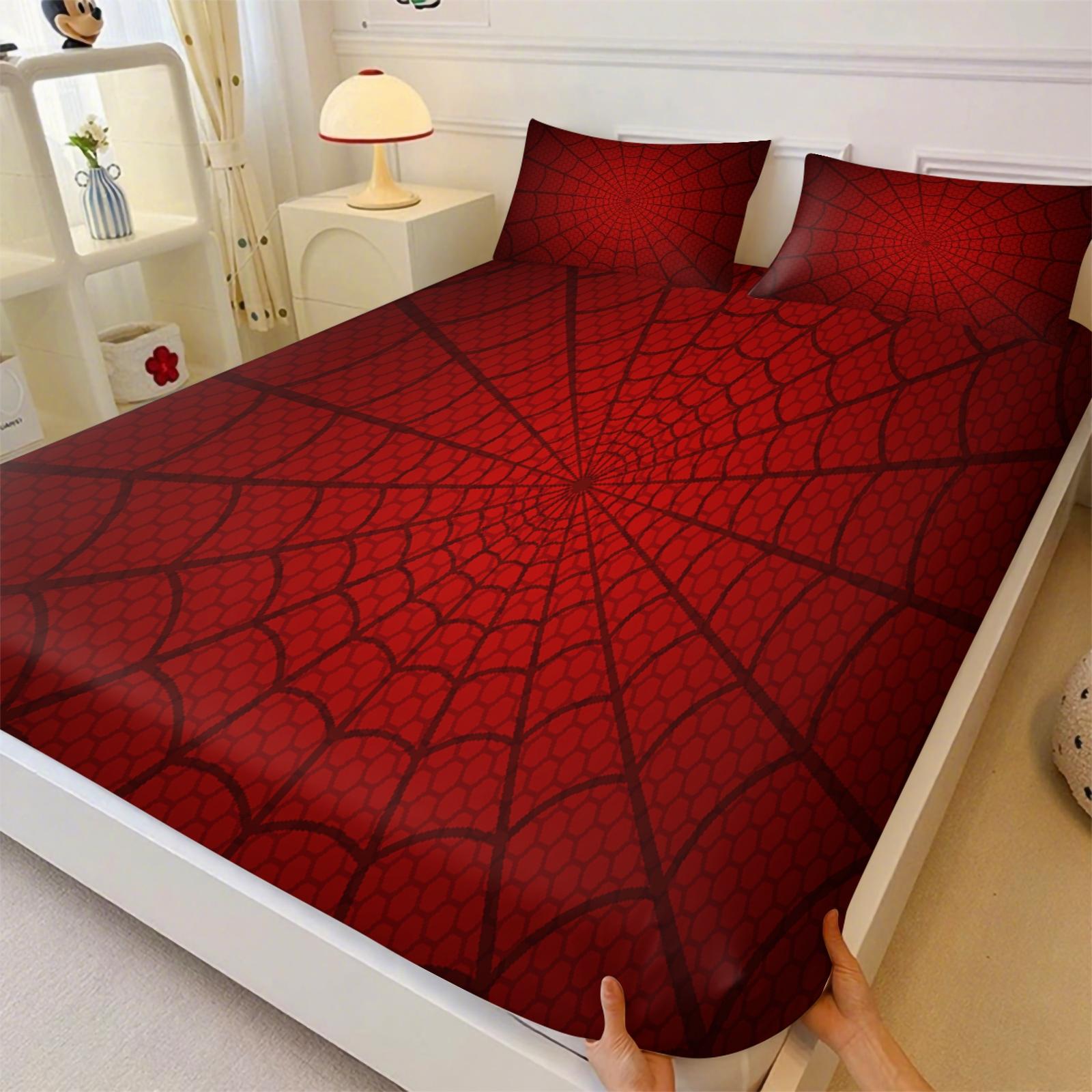 Creative Spider-Man Web Pattern Bed Sheet Set, Unique Printed Bedding, Anti-Slip Dustproof Cover, Dust Prevention, Includes 1 Fitted Sheet & 2 Pillowcases