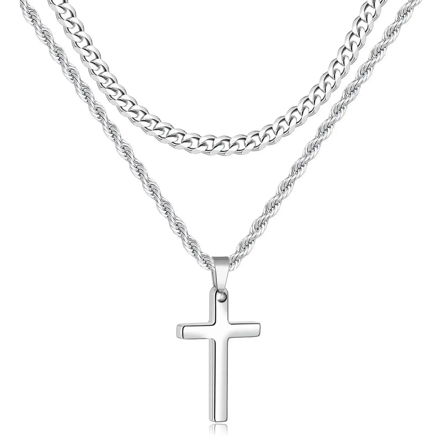 Stainless Steel Multilayer Chunky Unisex Cross Charm Necklace Chain for Men Women, 2-in-1 Cuban & Rope, Hypoallergenic Silver Plated Cross Pendant Necklaces, Trendy All-match & Exquisite Layered Fashion Jewelry Gift For Summer Outfits Daily Clothing Decor
