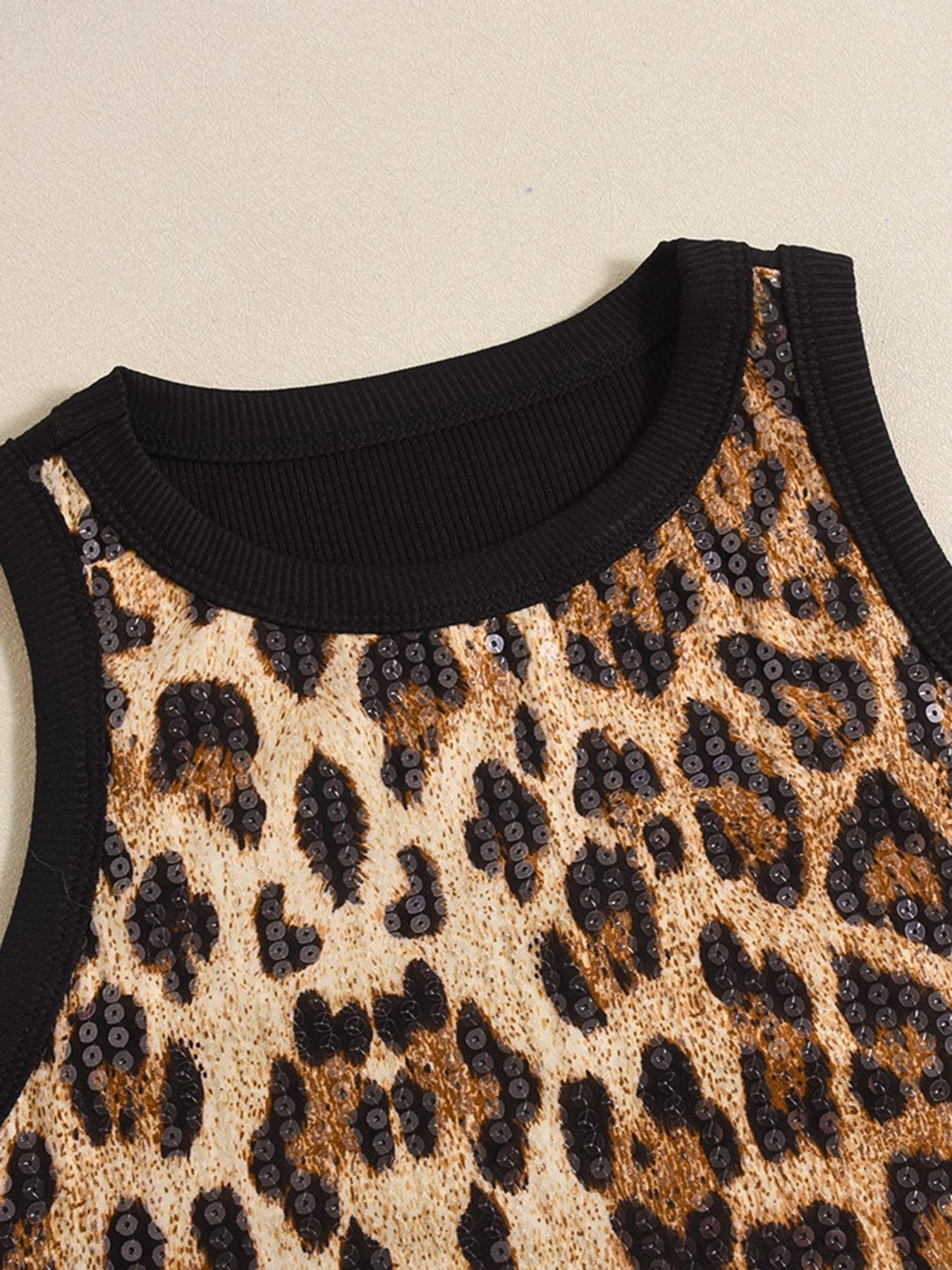 Women's Elastic Sequin Leopard Print Vest, Stylish Design, Sleeveless Tank Top For Spring And Summer，Perfect for Casual Wear, Comfortable and Trendy Fashion Piece