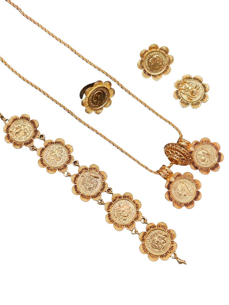 24K Gold Middle Eastern Luxury Vintage Coin Set: Multi-layered Bracelet, Necklace, Ring and Earring Collection - An Exclusive Celebratory Jewelry Gift for Women 24K Gold Middle Eastern Luxury Vintage Coin Set: Multi-layered Bracelet, Necklace, Ring and Earring Collection - An Exclusive Celebratory Jewelry Gift for Women