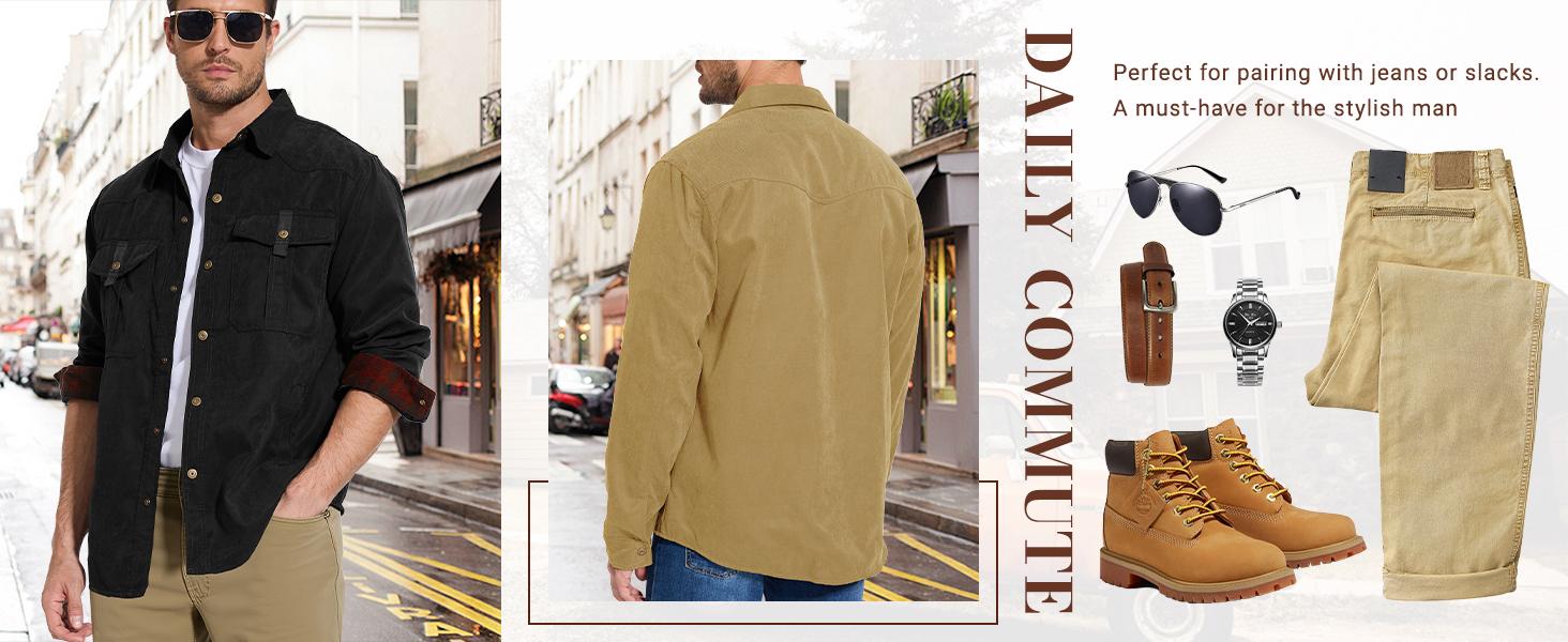 Men's Flannel Lined Shacket Lightweight Warm Snap Western Plaid Shirt Jacket for Outdoor Cowboy Casual Work