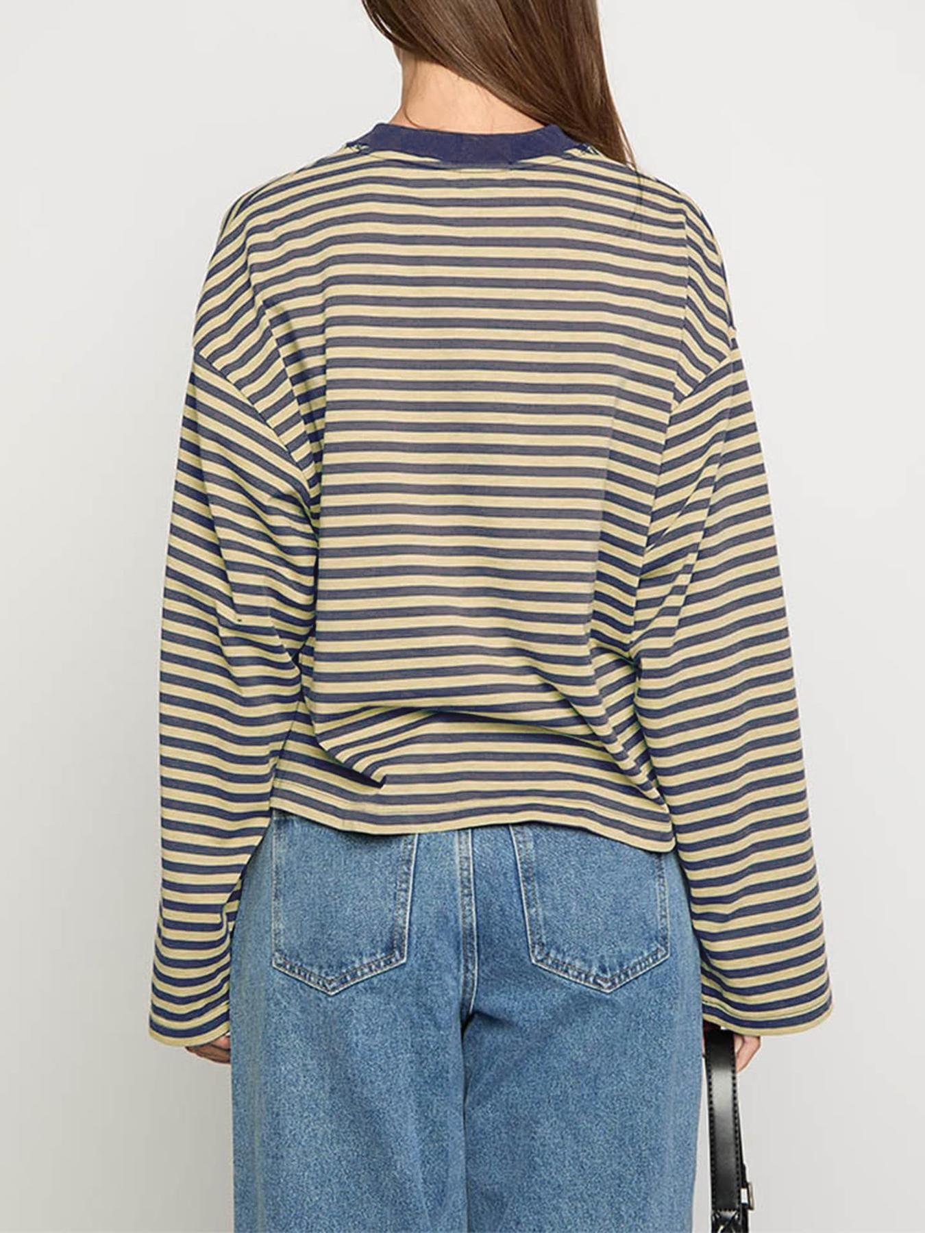 Valentine's Day Women's Minimalist Striped Casual Long Sleeve Sweatshirt Top, Loose-Fit Knit Fabric, All-Season Wear, Moderate Thickness