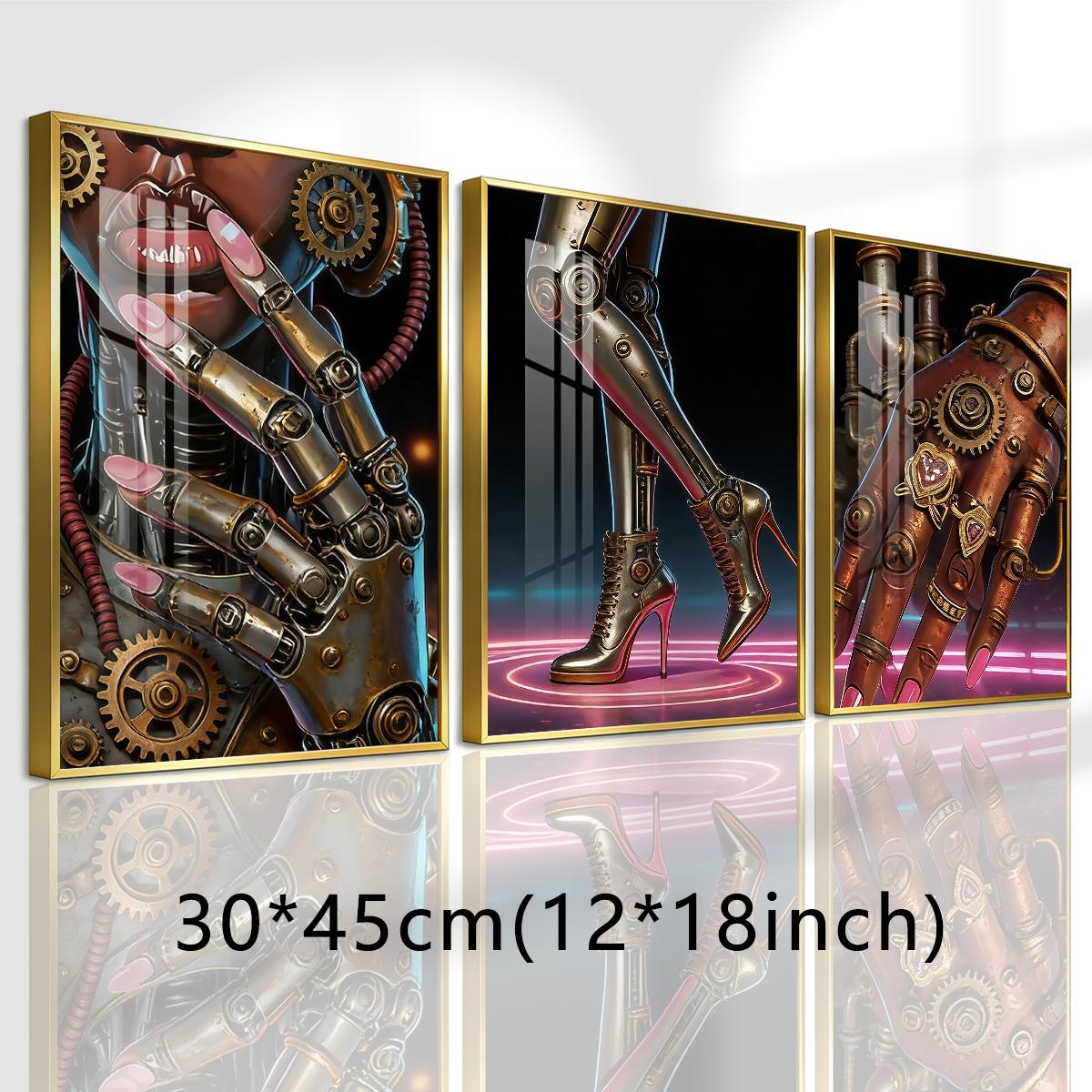 3 Counts Aluminum Alloy Framed Painting, Futuristic Cyberpunk Robot Art Pictures, Home Decoration For Living Room, Bedroom, Office, Restaurant, Hallway Wall Decor, Odorless Print Artwork, Luxury Perfect Gift For Friends And Family