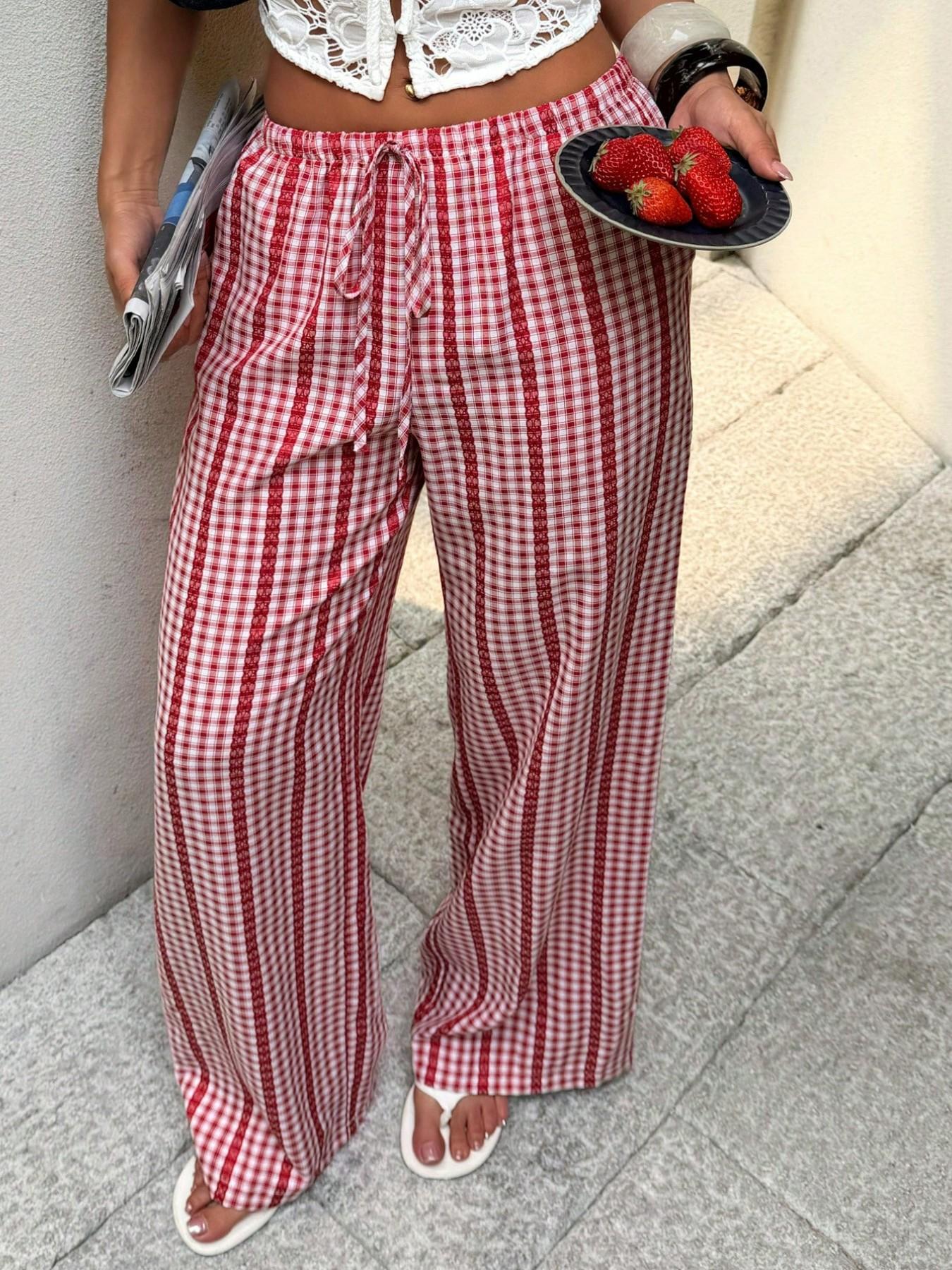 Women'S Red White Gingham Drawstring Elastic Adjustable Waist Wide Leg Casual Pants, Loose Lightweight Soft Breathable Plaid Trousers, Y2K Cute Summer Beach Bottoms For Daily Shopping Coffee Date Outdoor Walk Street Outfit