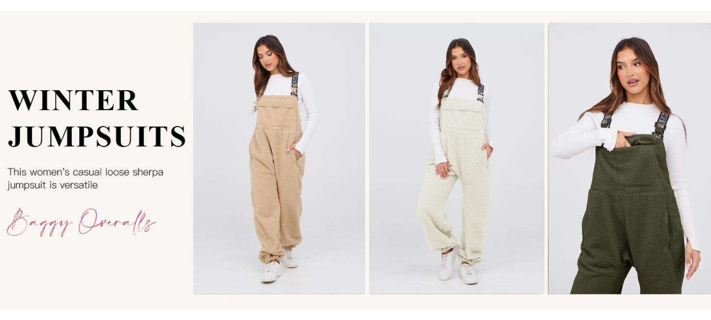 Molitree Women's Warm Fleece Casual Loose Adjustable Winter Jumpsuits Sherpa-Bib Overalls & Ski Pants with Pockets Beige Basic