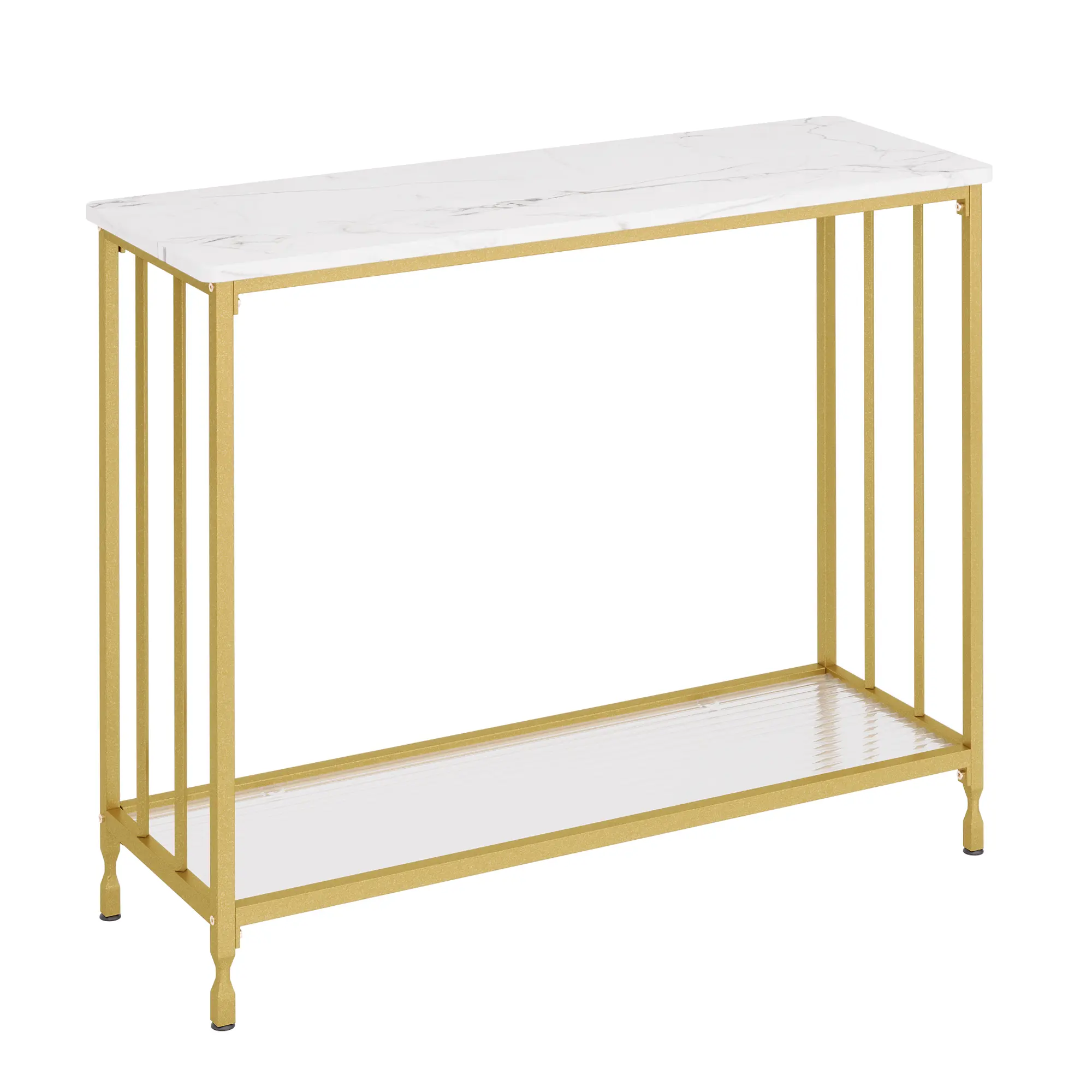 Modern Narrow Console Table with Glass Shelf – Elegant Metal Frame Sofa Side Table for Entryway, Living Room, Hallway or Bedroom – Gold or Rustic Brown