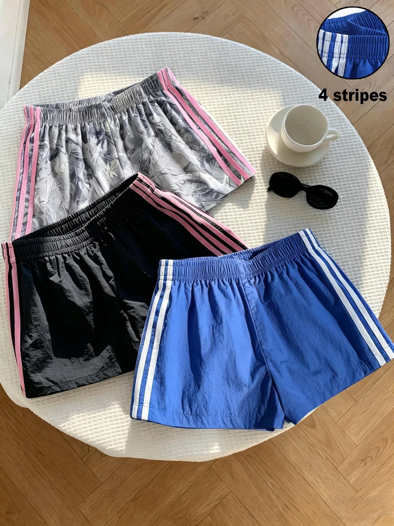 Trendy Comfortable 3-Piece Women's Casual Loose Short Pants, Side Stripe Design, Striped, Elastic Waist, Perfect for Spring Summer Carnival Activities, Casual Fashionable Shorts