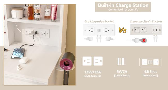 Vabches Vanity Desk with Mirror and Lights,Make Up 4 Drawers Table with Glass Door Storage Cabinet,Charger Station,3 Lighting Color Dressing Table for Bedroom,37inch