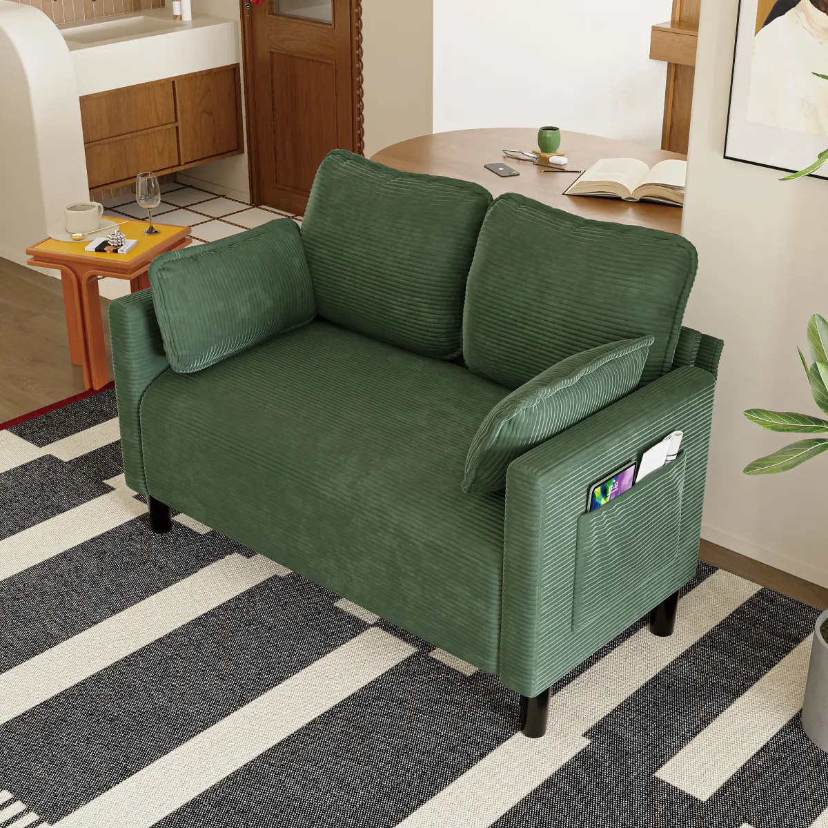 48" Loveseat Sofa,2 Seater Love Seat Couch with Side Storage Pocket,Small Couches with High Rebound Sponge,Solid Wood Frame,Living Room Apartment Dorm Office, Easy Assembly,Corduroy