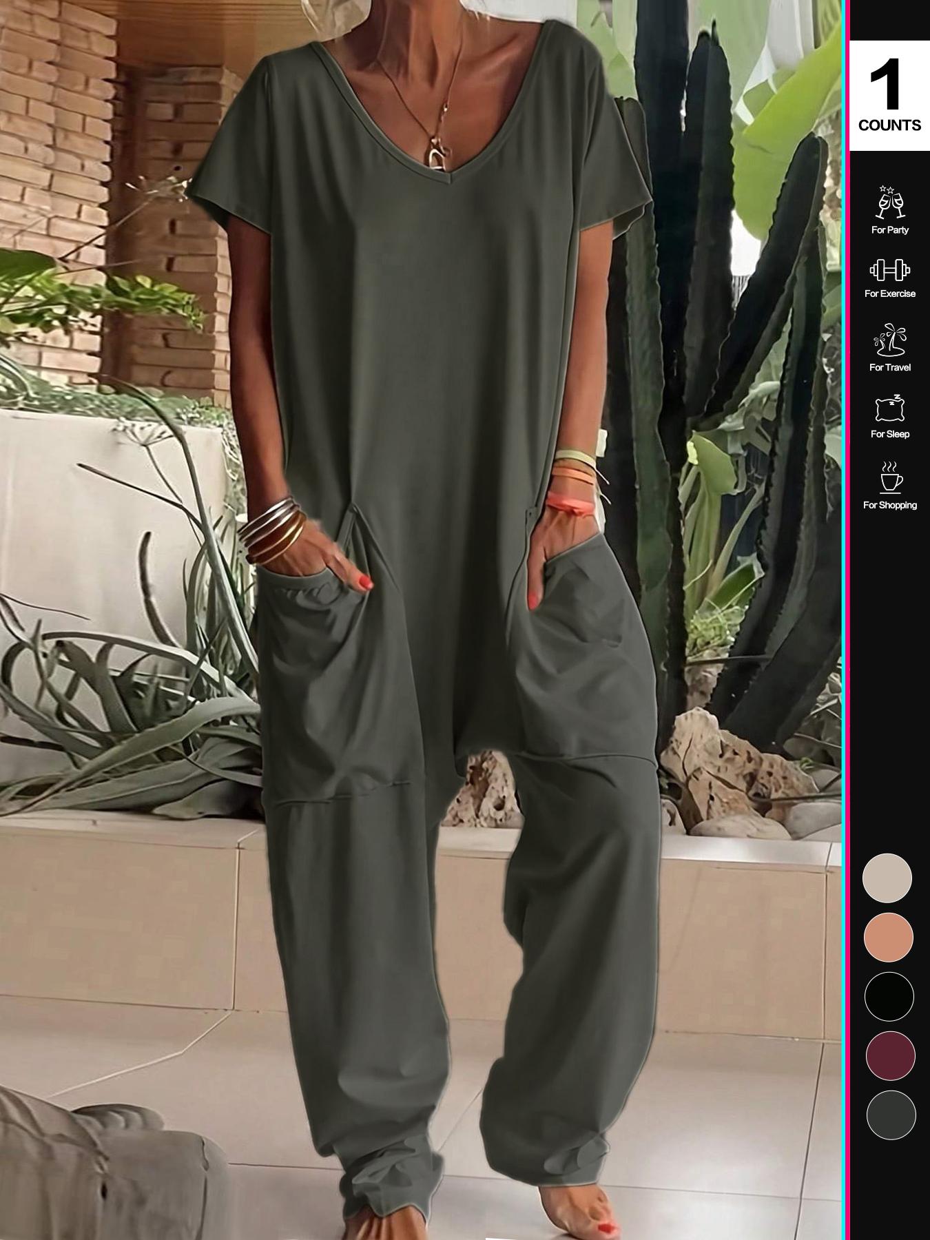 2026 Women's Casual Jumpsuit, Short-Sleeve V-Neck Harem Pants, Loose Fit Wide Leg, Perfect for All Seasons, Stylish & Comfortable