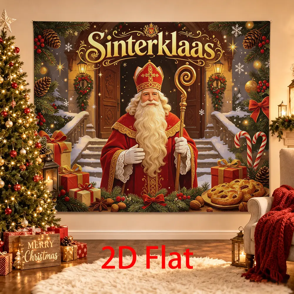 Sinterklaas Backdrop, Elegant Red Gold Winter Photo Background with Gifts, Candy Canes, Cookies, Pine Garland and Snowflakes