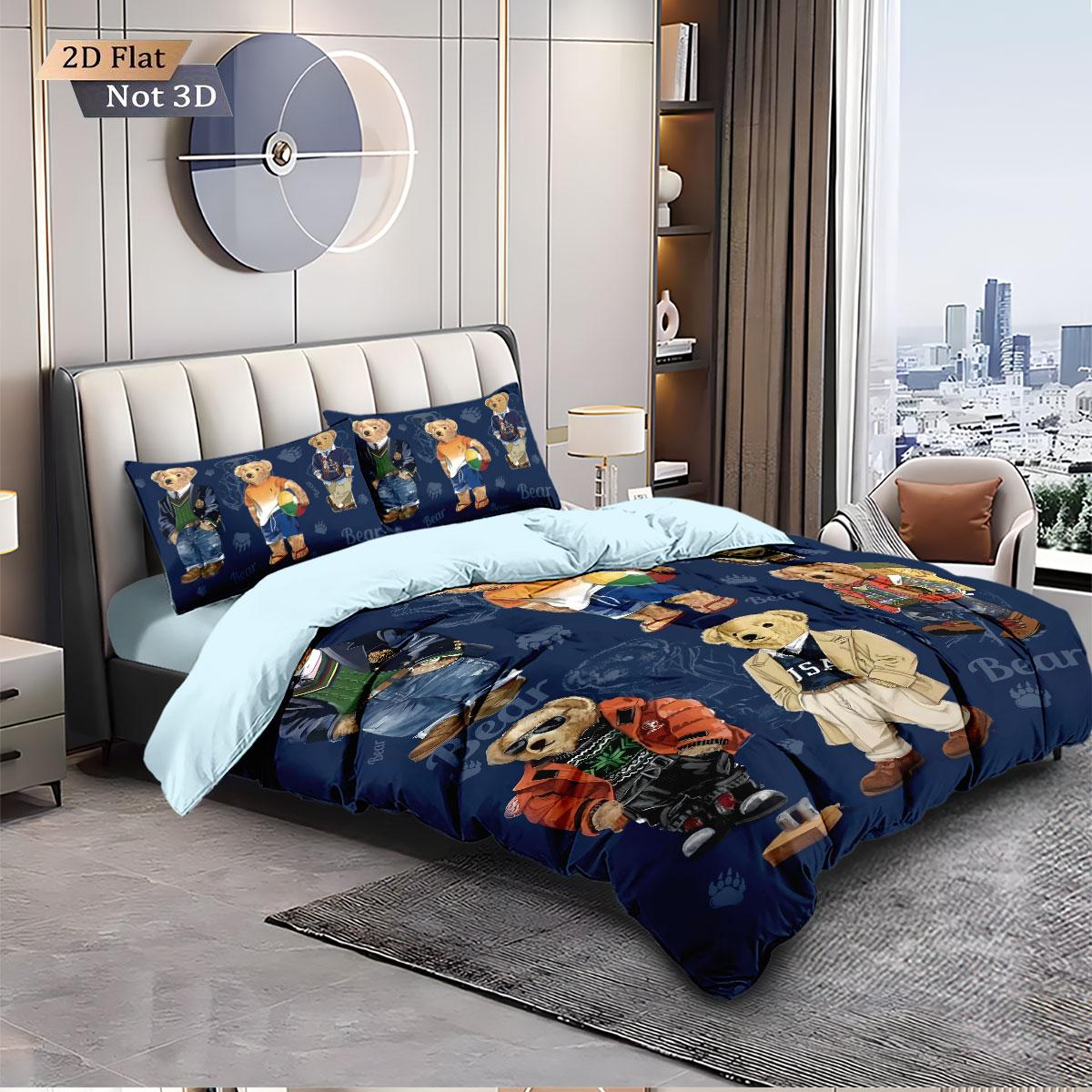 3pcs COOL BEAR Print Soft Bedding Set with Includes 1* Duvet Cover and 2*Pillowcases, No filling，Perfect for Patriotic Bedding Gift, Home Decor, Bedroom Accessories