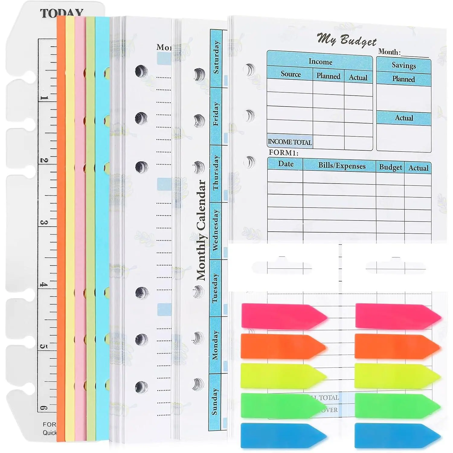 7 Pack A6 Planner Inserts Monthly Weekly Planner Refills Expense Budget Sheets with   Envelopes Divider Today Ruler Stickers for A6 Binder Cover Organizer, Green