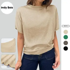 Imily Bela Womens Short Sleeve Sweater Casual Basic Crew Neck Loose Knit Pullover Tops Summer Lightweight Blouses