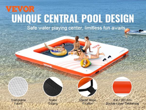 VEVOR Inflatable Floating Dock, 10x10FT Inflatable Dock Platform with 4*7FT Trampoline Mesh Pool, Non-Slip Floating Platform Water Mat with Portable Bag Detachable Ladder for Pool Beach Relaxation