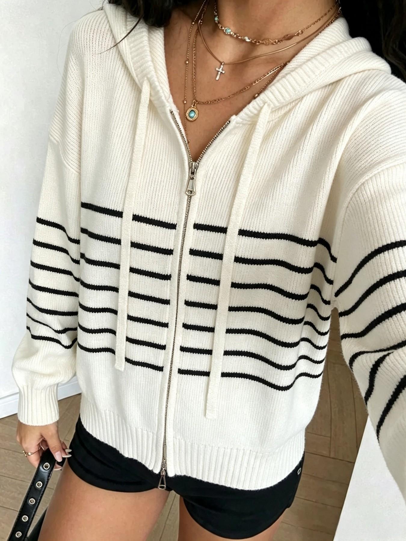 Autumn Winter Color-Block Striped Preppy Style Hooded Casual Loose Sweater Cardigan, Reversible Zipper Design, Women's Fashion Outerwear