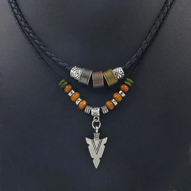 Collana Uomo Artificial Leather Rope Beaded Necklace Men Collier Homme Arrow Pendant Necklace For Men Jewelry Collar Hombre