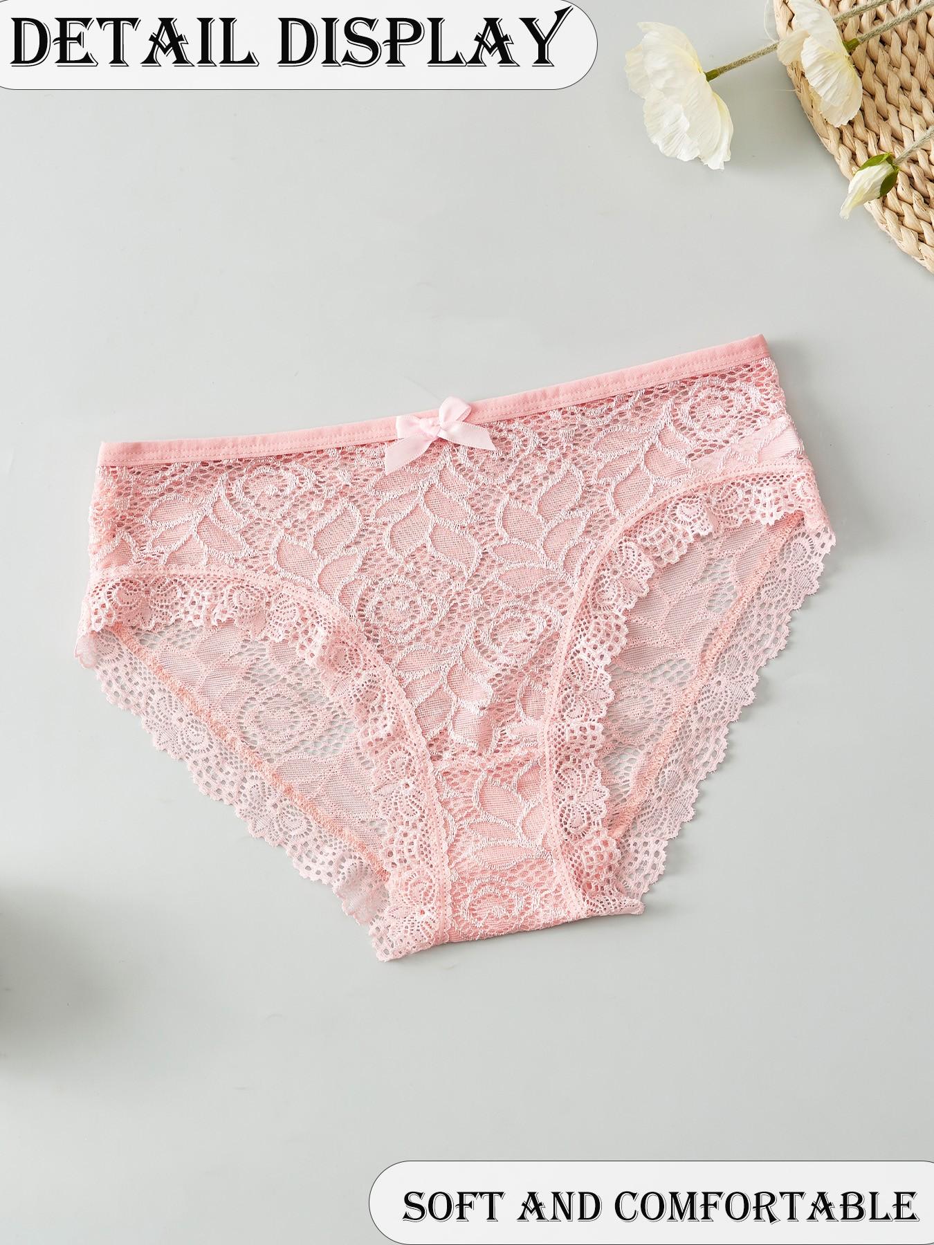 6-Pack Elegant Sexy Lace Floral Women's Briefs, Breathable Lightweight Comfort, Full Lace Semi-Transparent Design, Bow Decoration, All Seasons, Floral Lace Panties