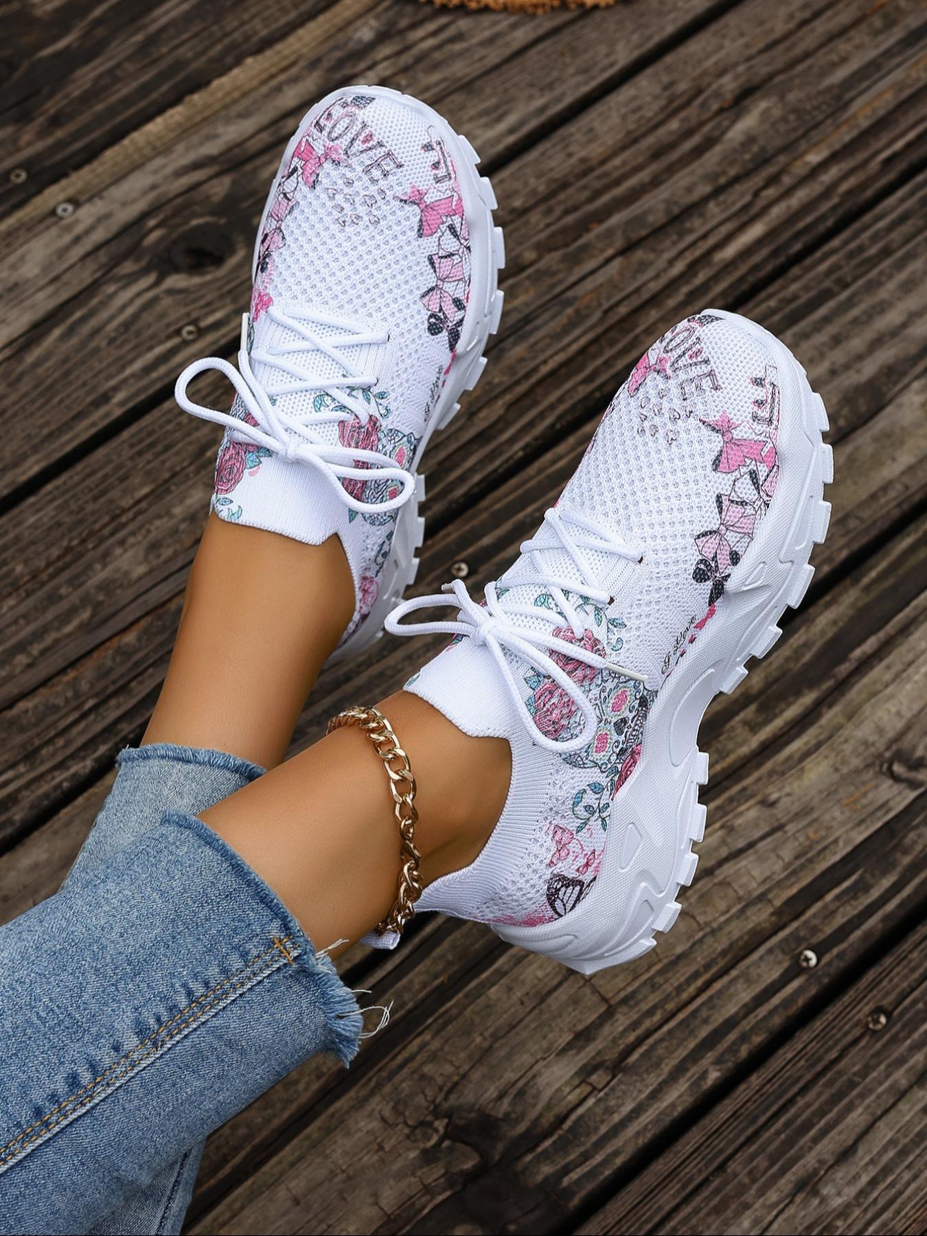 Women's Fashionable Floral & Skull Pattern Lace Up Sneakers, Casual Comfortable Breathable Sports Running Shoes, All-match Basic Trainer for Daily Wear, Casual Running Footwear