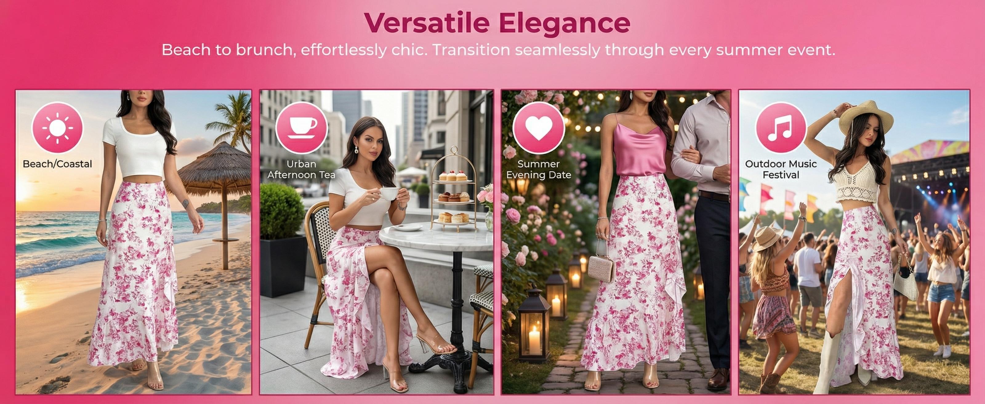 Bohemian Elegant Floral Print Irregular Ruffle A-Line Midi Skirt, Loose-Fitting Design for Garden Parties & Beach Vacations, Spring