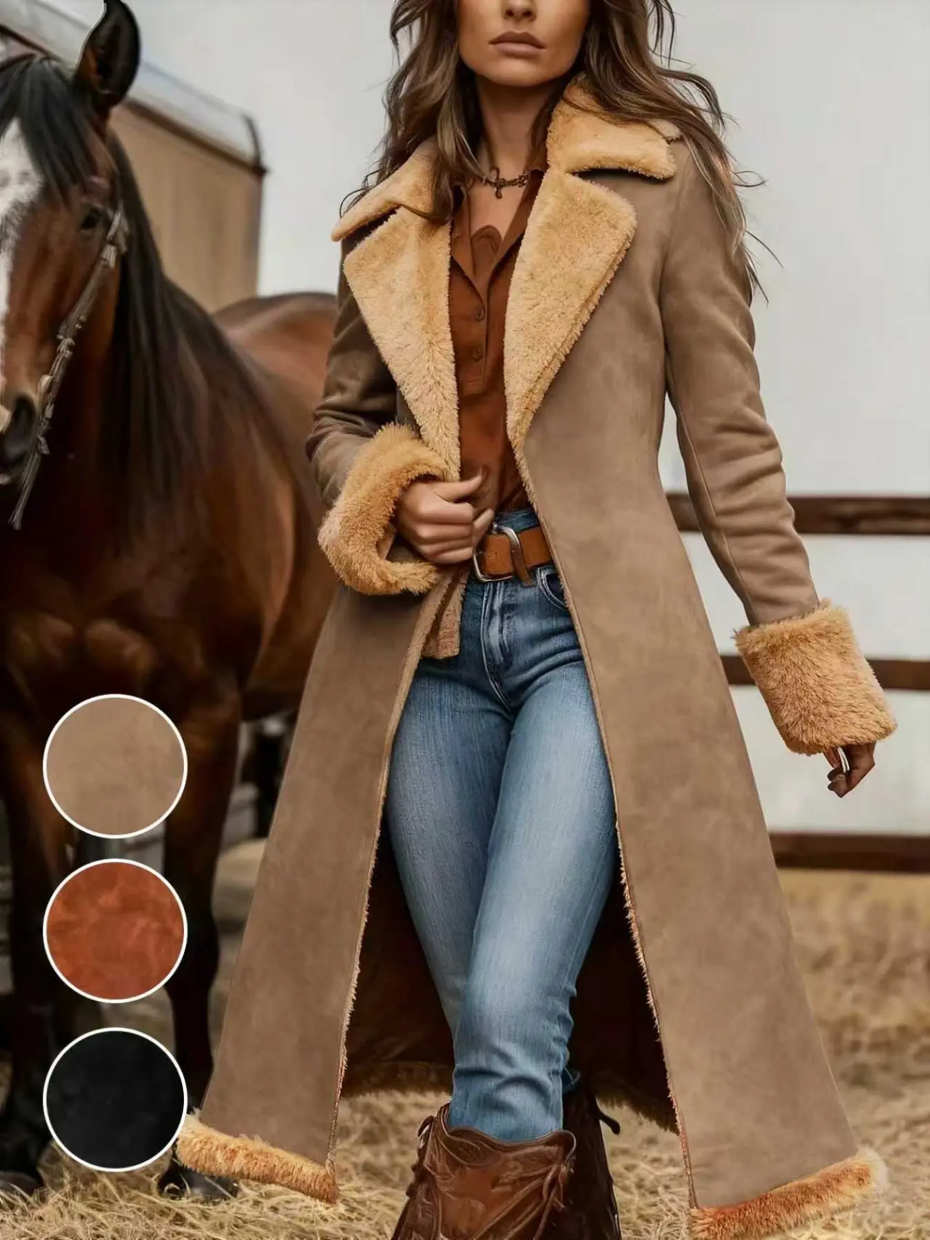 New Vintage Western Style Faux Suede Long Coat for Women, Fur Lined over Knee Jacket, Warm Thick Outerwear, Fall Winter Fashion, Cold Weather Gear