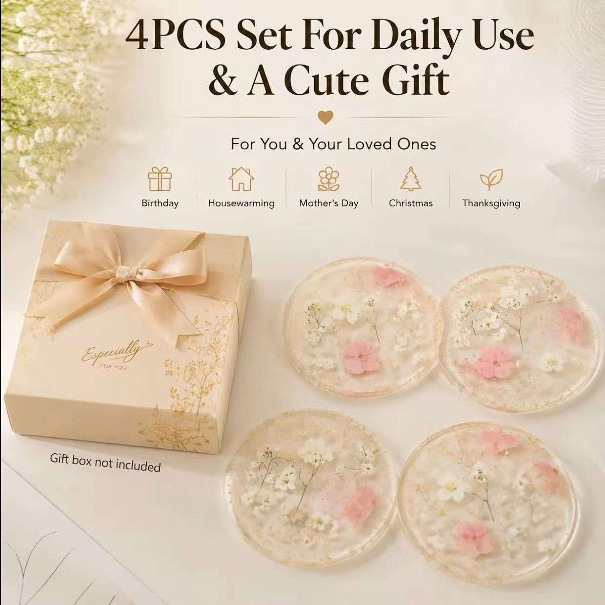 4pcs Transparent Floral Acrylic Tableware Coasters, Waterproof, Non-Slip, Heat Resistant,Home Gift, Kitchen, Office Desk, Wedding Birthday Party Decor