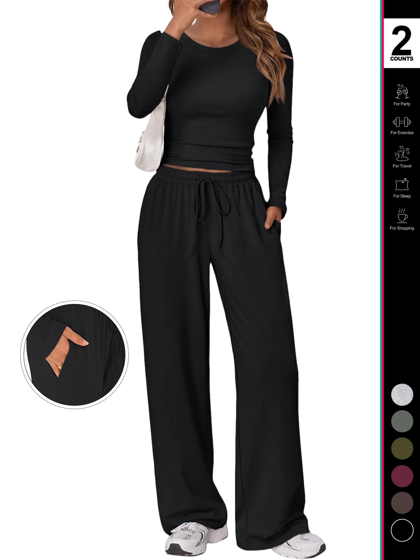 Women's 2 Piece Matching Lounge Set Long Sleeve Slightly Crop Top Wide Leg Pants Casual Sweatsuit 2026 Drawstring