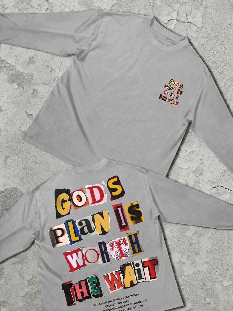 Unisex Letter Print Long Sleeve T-Shirt, Casual Fashion Comfortable Simple Design, Fitted Pure Color Tee for All Seasons