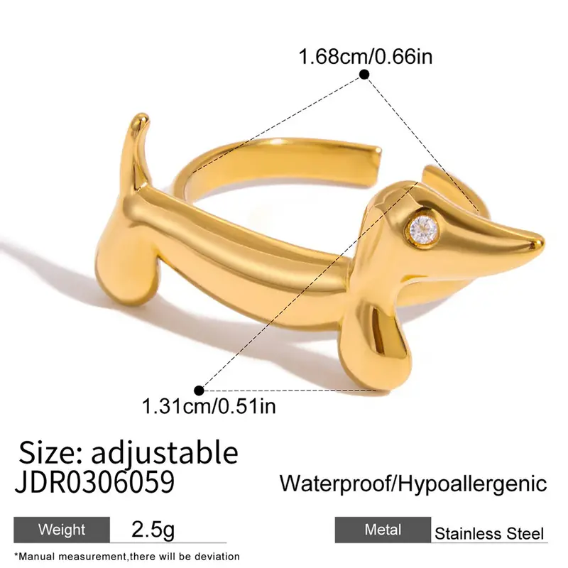Classic 18K Plated Gold Color Cat Dog Shape Adjustable Open Ring Elegant Fashion Rings With White Zircon Stainless Steel Rings Jewelry